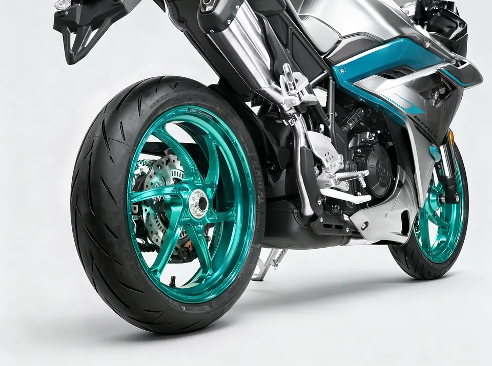 Silver sport bike with a teal forged five-spoke rear wheel
