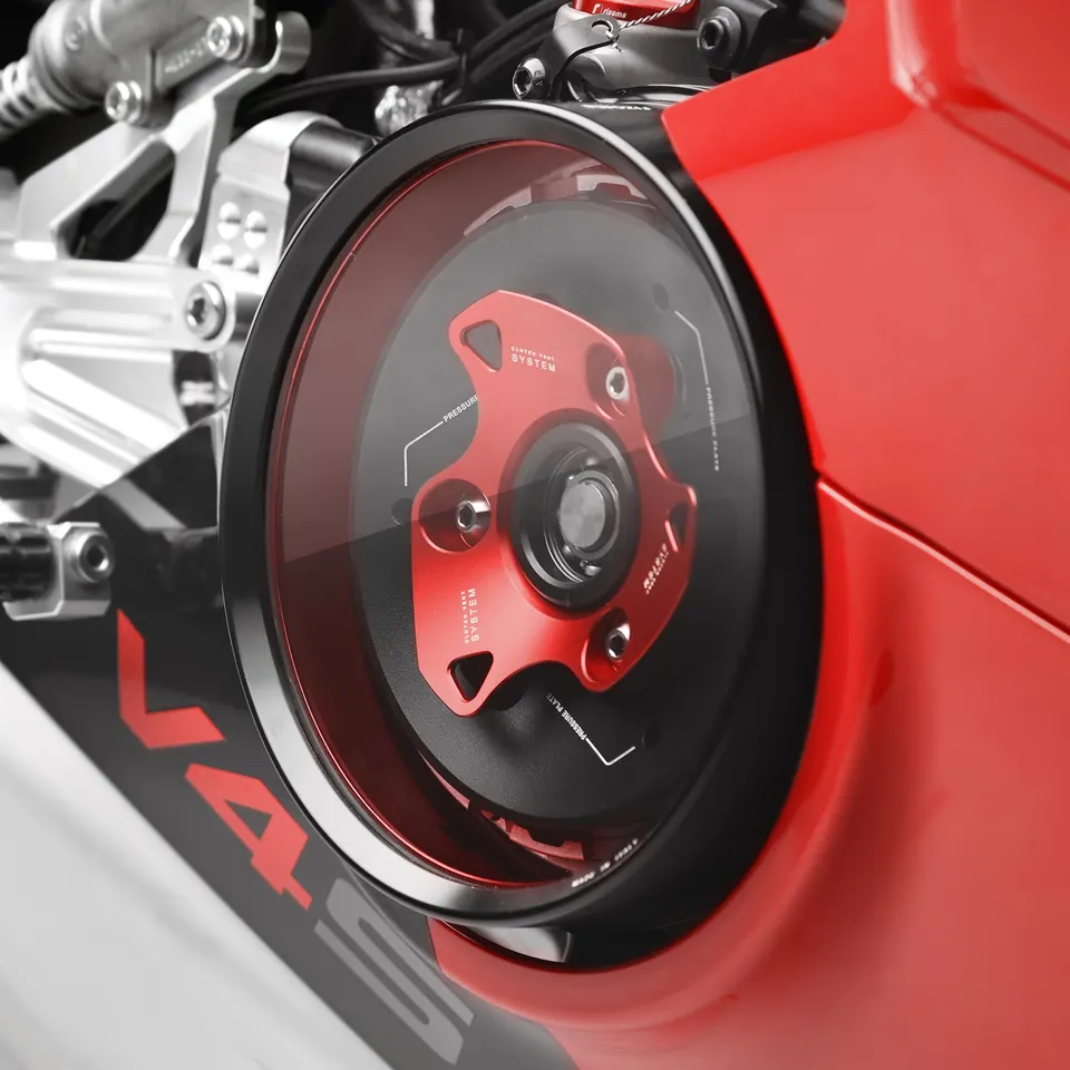 Red clutch cover on a sport bike