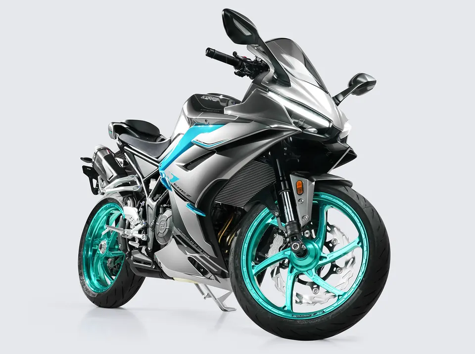 Naked sport bike with teal forged wheels